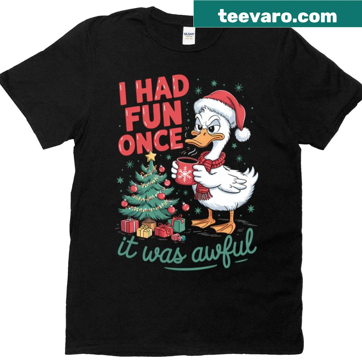 Whimsical Christmas duck graphic t-shirt — on a men's t-shirt