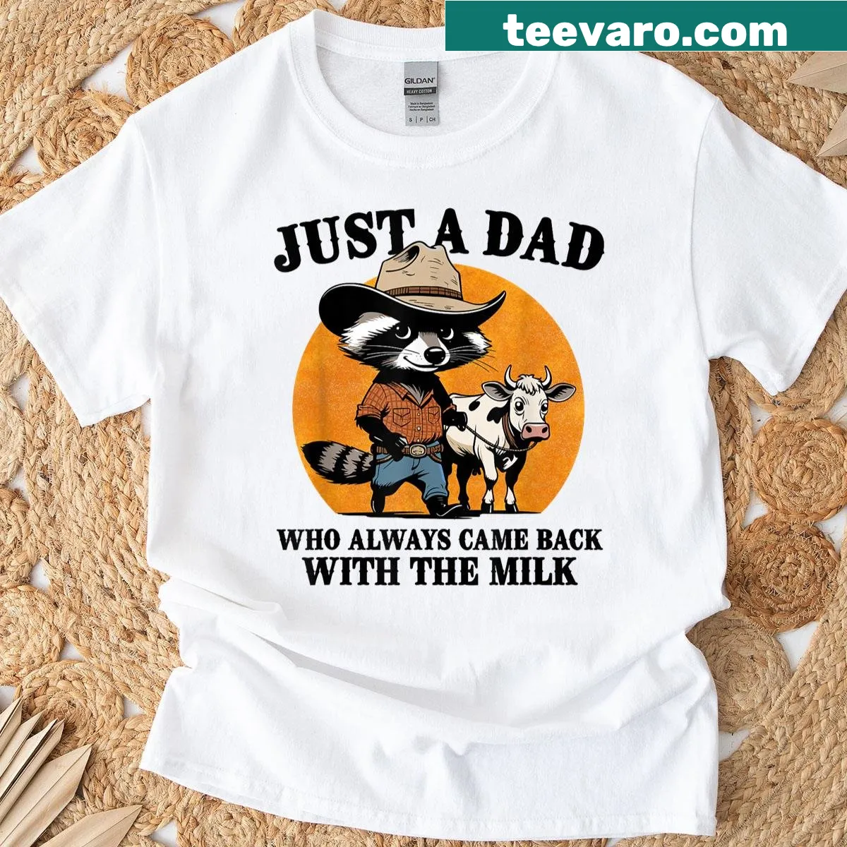 Cowboy dad t-shirt with raccoon graphic and playful slogan — on a men's t-shirt