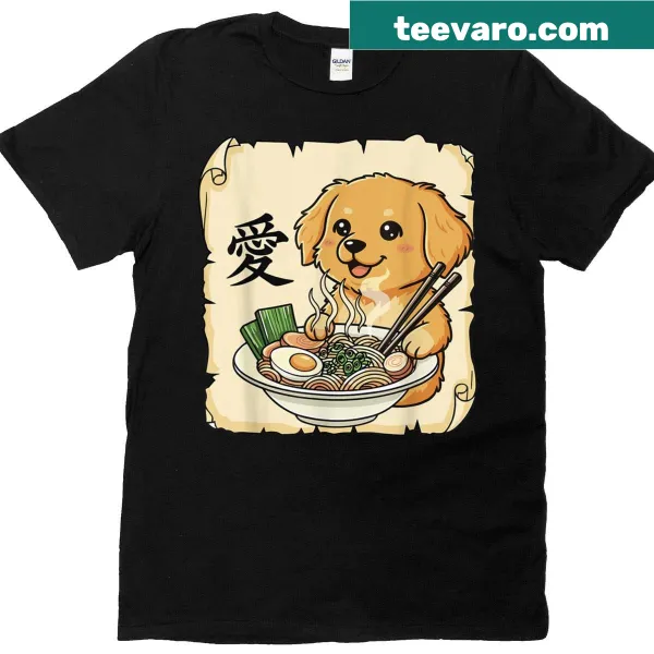 Kawaii graphic t-shirt featuring a cute dog and ramen design