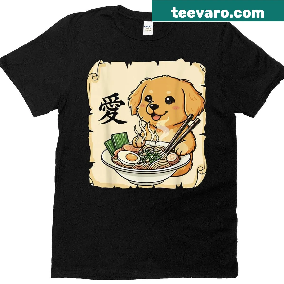 Kawaii graphic t-shirt featuring a cute dog and ramen design — on a men's t-shirt