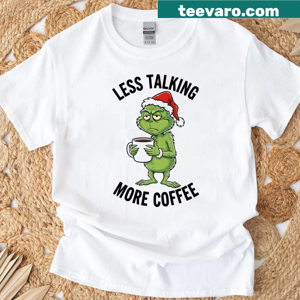 Grinch graphic with coffee saying for a Christmas t-shirt — on a men's t-shirt