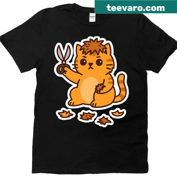 Cartoon T-shirt featuring an orange cat with a bad haircut while grooming