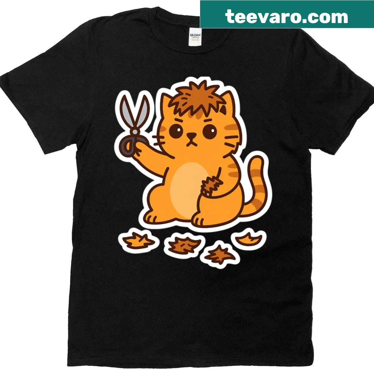 Cartoon T-shirt featuring an orange cat with a bad haircut while grooming — on a men's t-shirt
