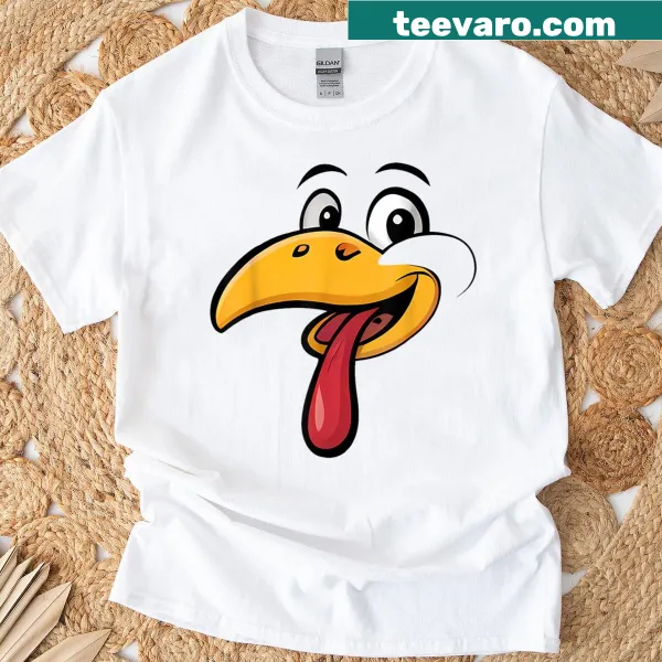 Cartoon turkey t-shirt with a silly face and tongue, perfect for Thanksgiving.