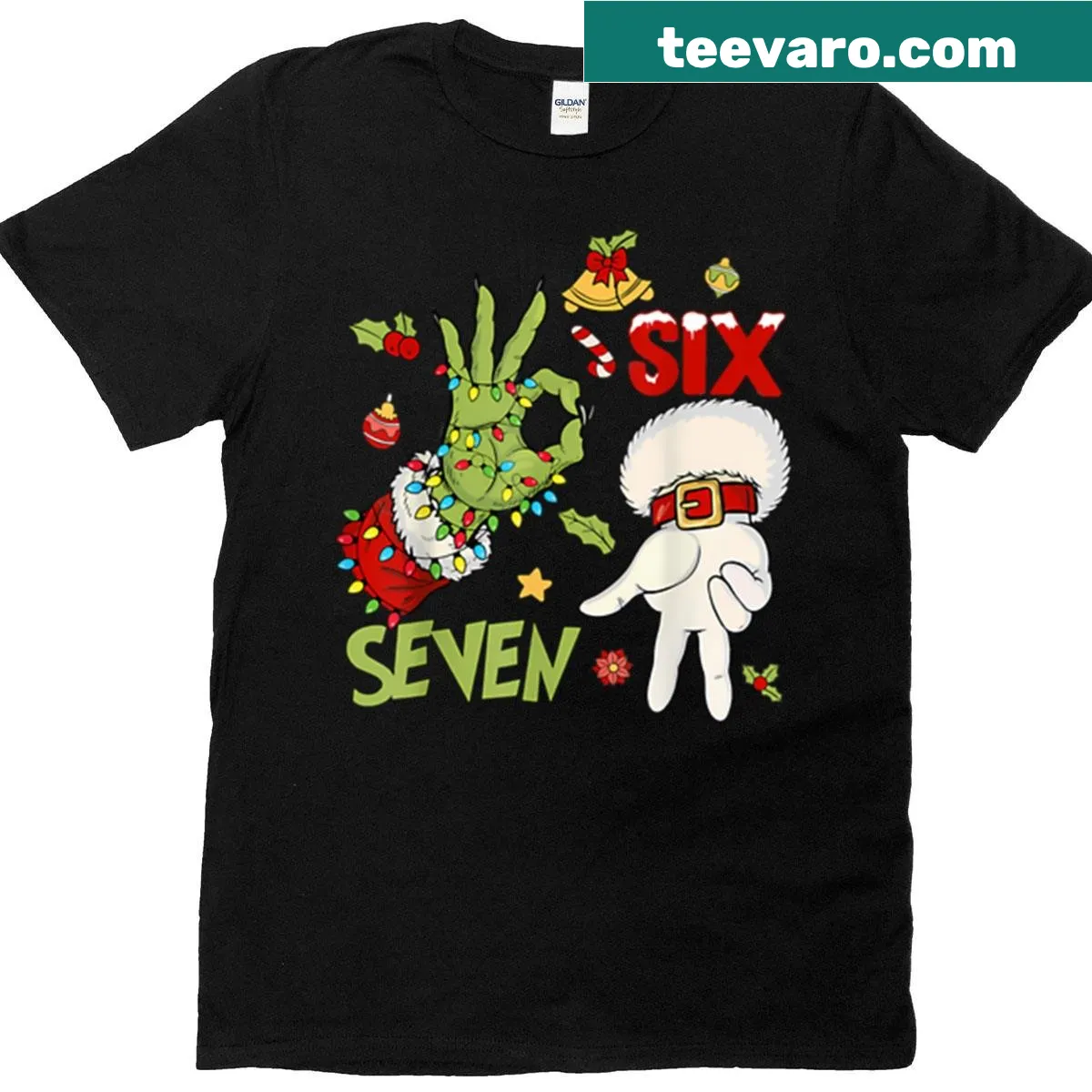 Funny Christmas shirt with elf and Santa graphic and Six Seven meme — on a men's t-shirt