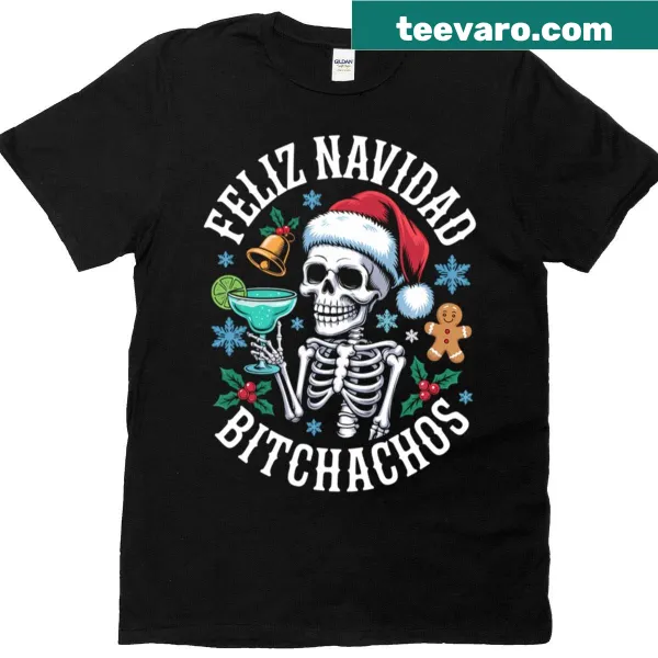 Christmas t-shirt featuring a skull and 'Feliz Navidad' text.