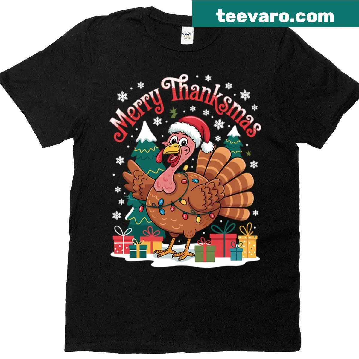 Funny Thanksgiving Christmas turkey Santa graphic t-shirt — on a men's t-shirt