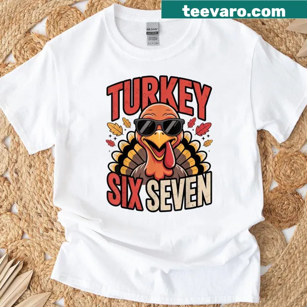 Funny turkey graphic promoting Six Seven 67 meme for kids.
