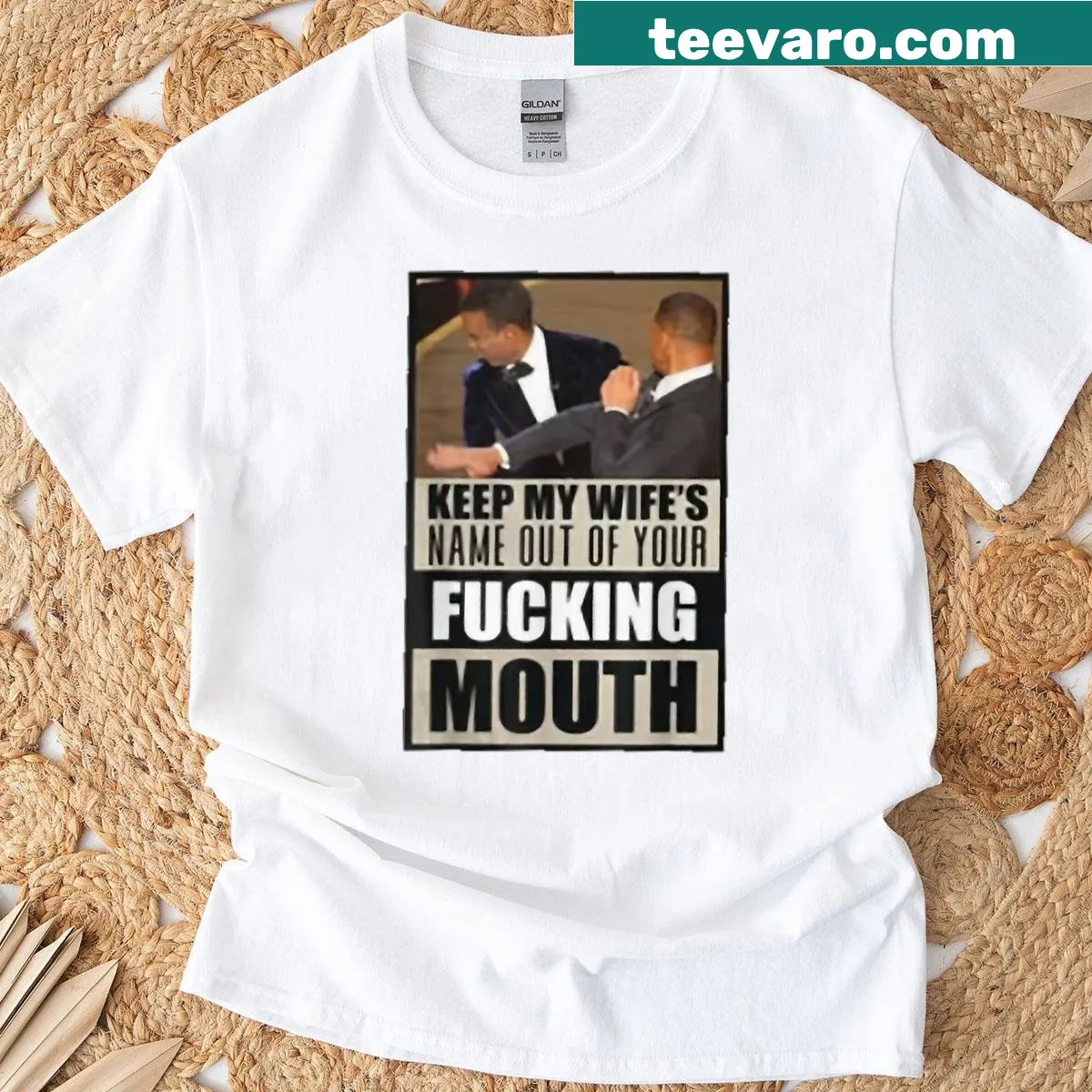 Sarcastic text on a T-shirt saying, 'Keep My Wife's Name Out Your Mouth' — on a men's t-shirt