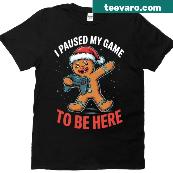 Cartoon T-shirt of a gingerbread man dabbing in a gaming context