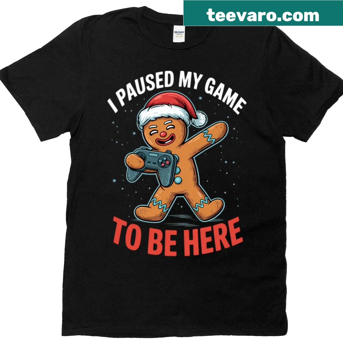 Cartoon T-shirt of a gingerbread man dabbing in a gaming context — on a men's t-shirt