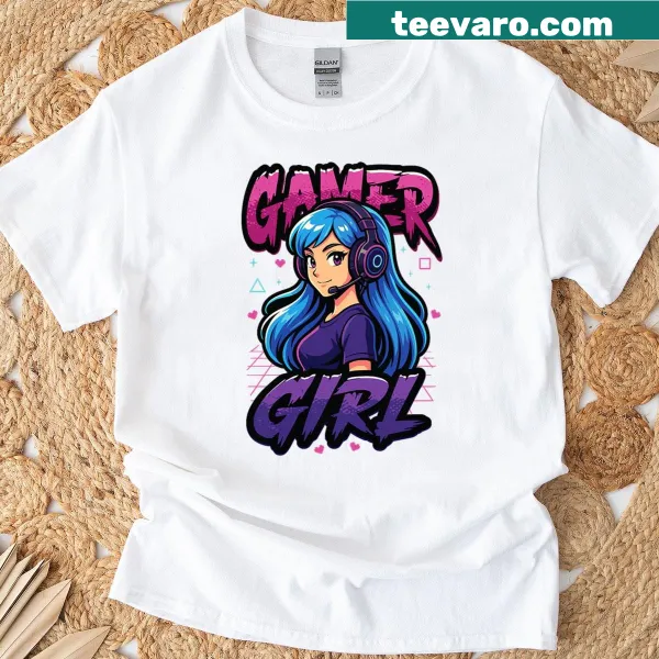 Anime-style girl in headset for a gamer t-shirt