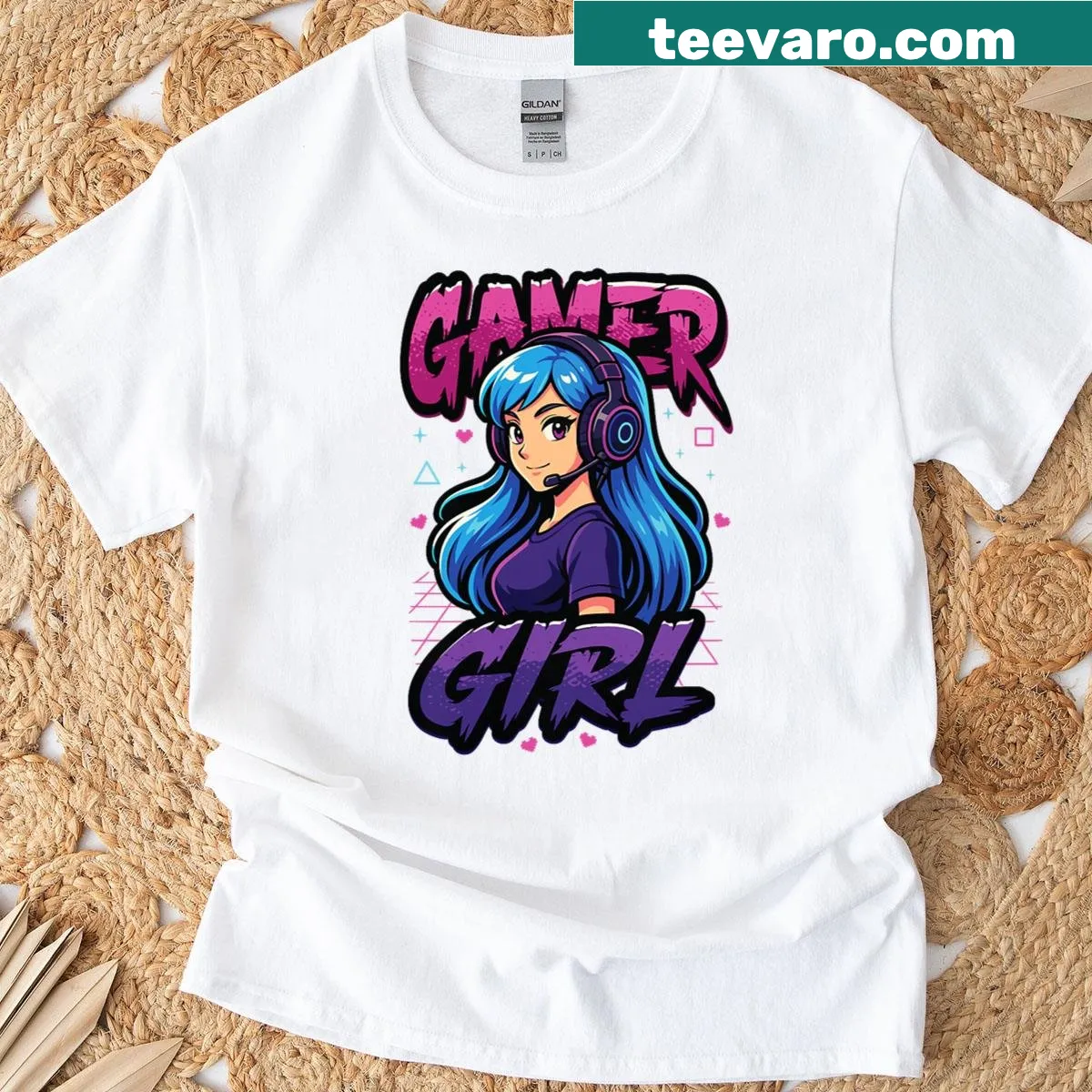 Anime-style girl in headset for a gamer t-shirt — on a men's t-shirt