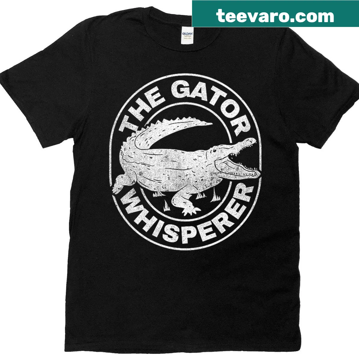 Gator Whisperer t-shirt with an emblem design — on a men's t-shirt