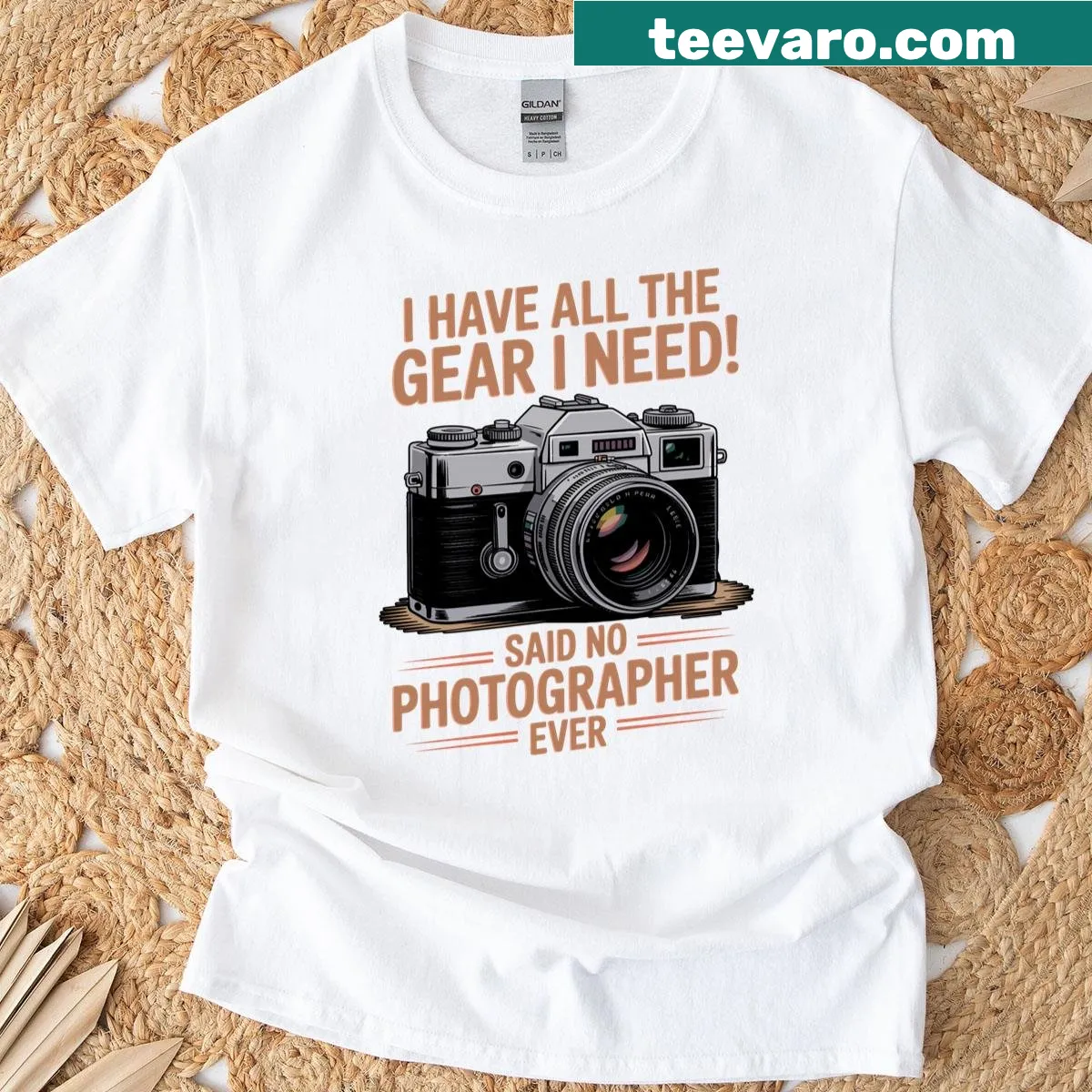 Photographer shirt featuring camera gear design — on a men's t-shirt