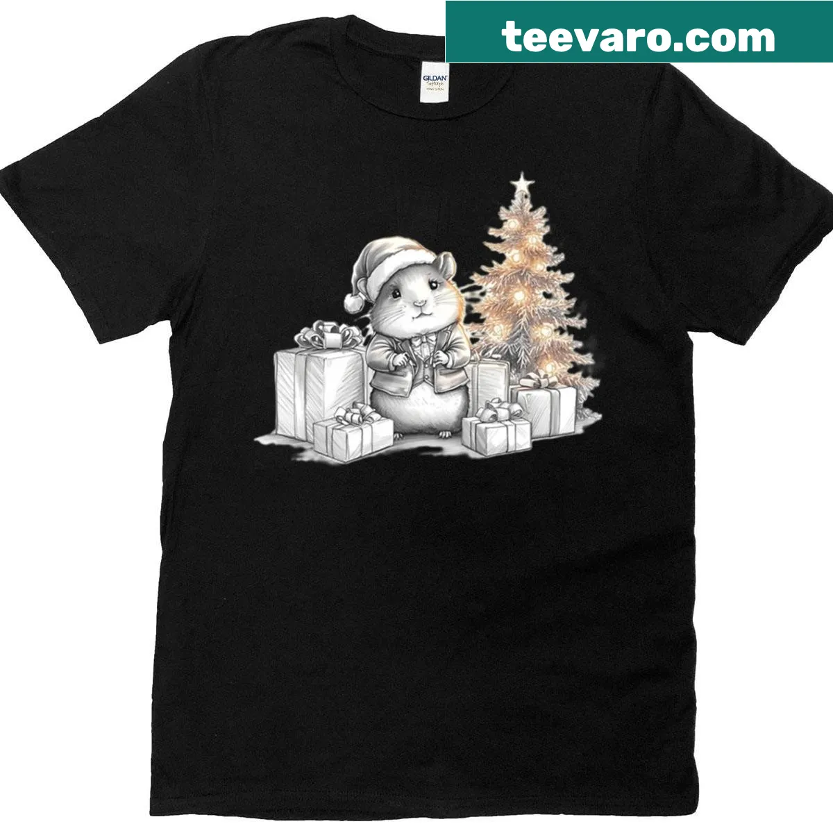 Cozy Christmas T-shirt with a gentle hamster in a storybook illustration — on a men's t-shirt