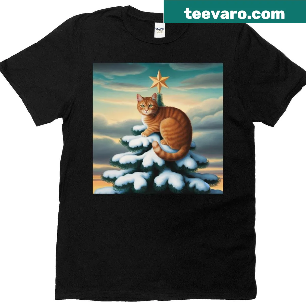 T-shirt featuring a ginger cat on a Christmas tree illustration — on a men's t-shirt
