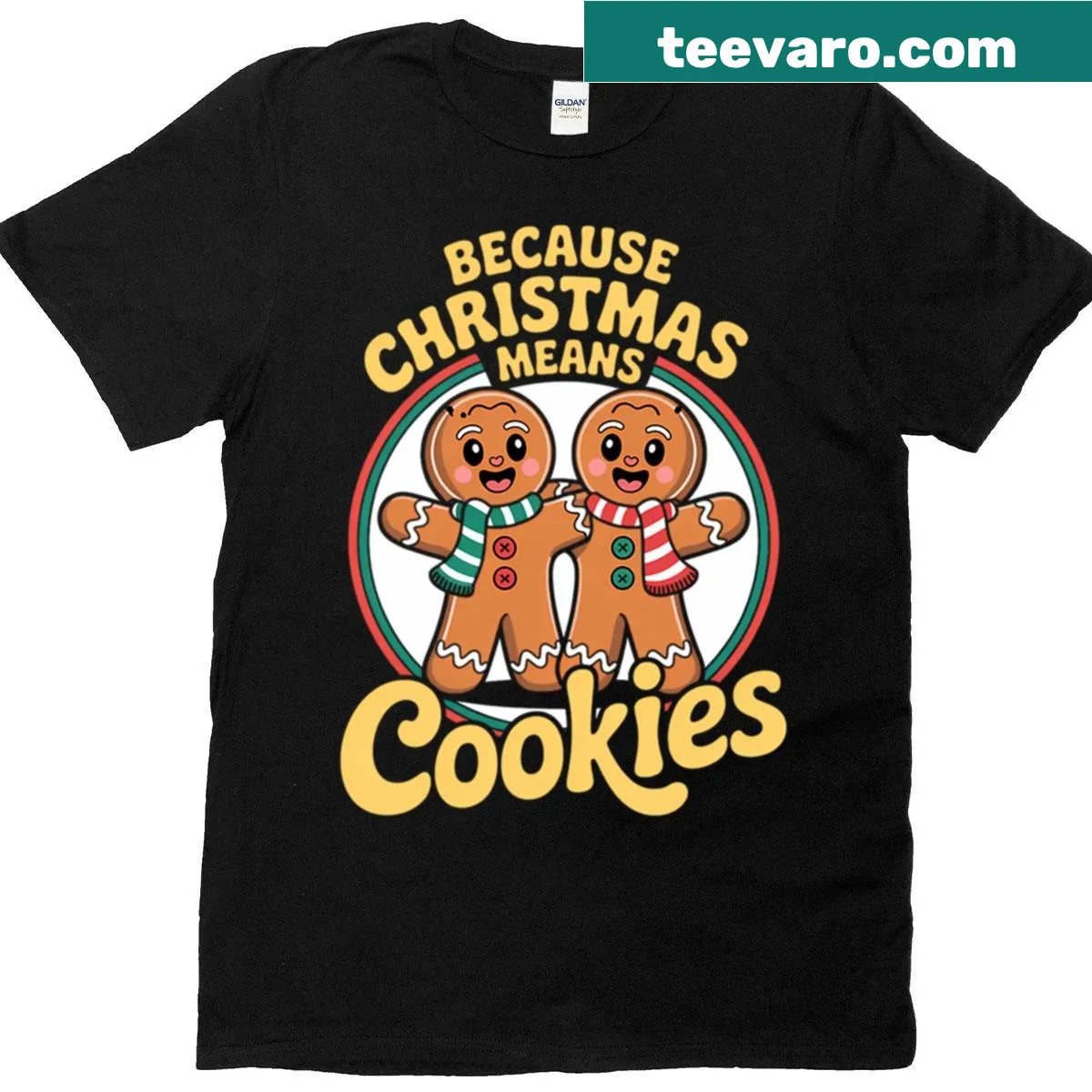 Festive T-shirt featuring Santa and gingerbread cookies for Christmas — on a men's t-shirt