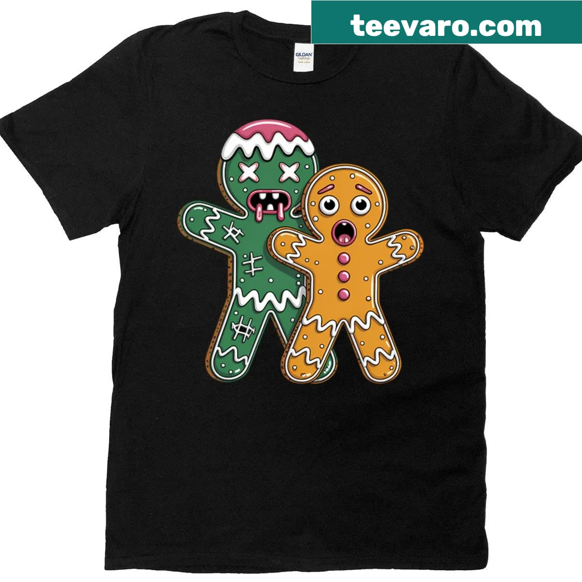 Funny gingerbread zombie t-shirt with holiday and horror theme — on a men's t-shirt