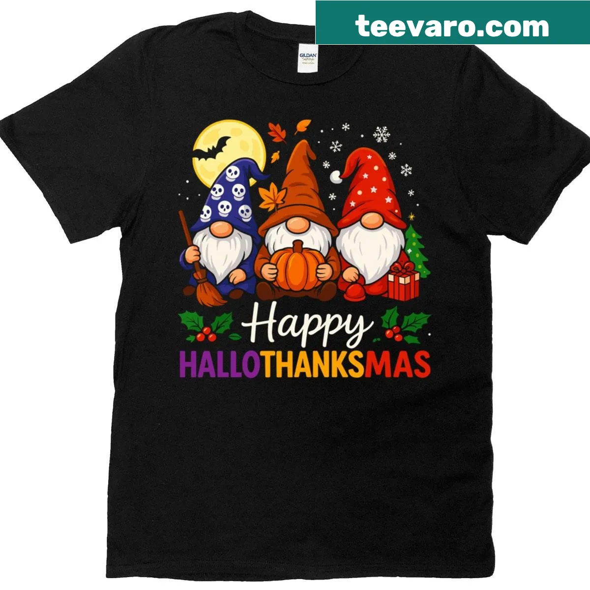 Gnome-themed t-shirt for Hallothanksmas celebrations — on a men's t-shirt