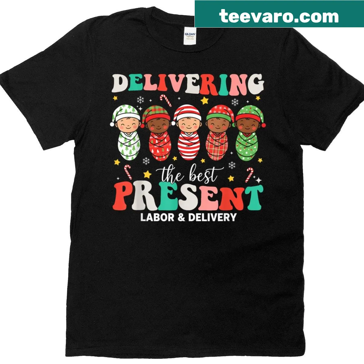 Groovy Christmas t-shirt for labor and delivery nurses — on a men's t-shirt