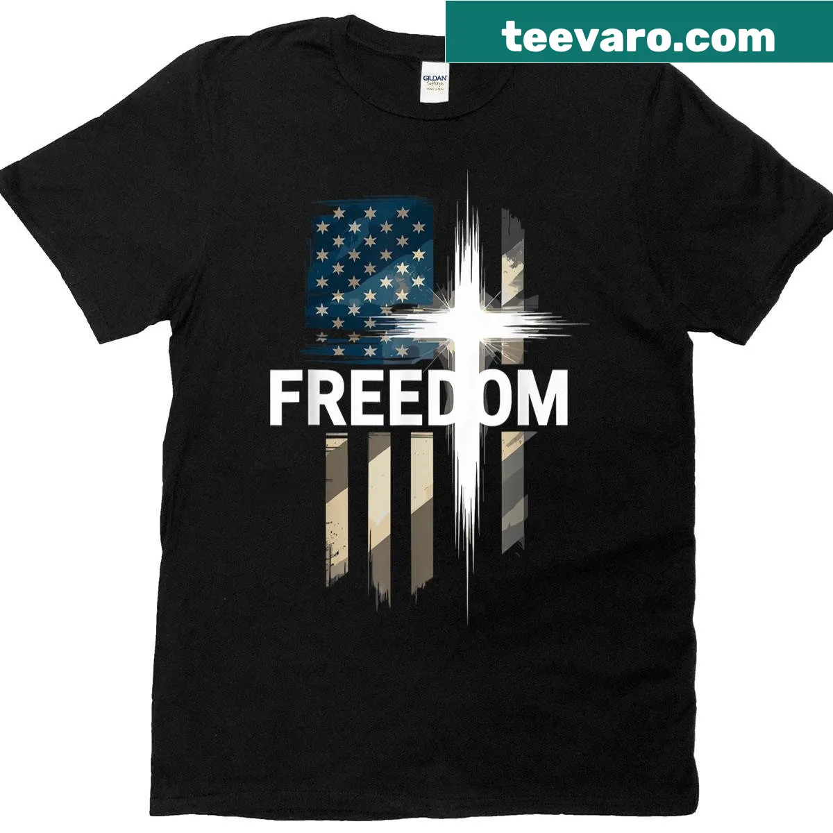 Grunge American flag and cross t-shirt design — on a men's t-shirt