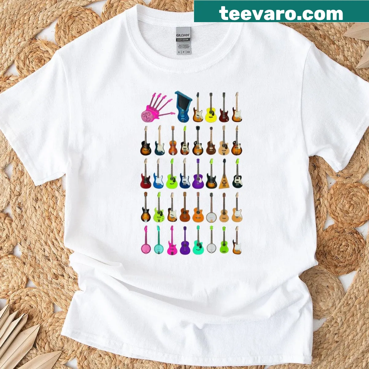 Illustration of different guitars with humorous text for music lovers — on a men's t-shirt