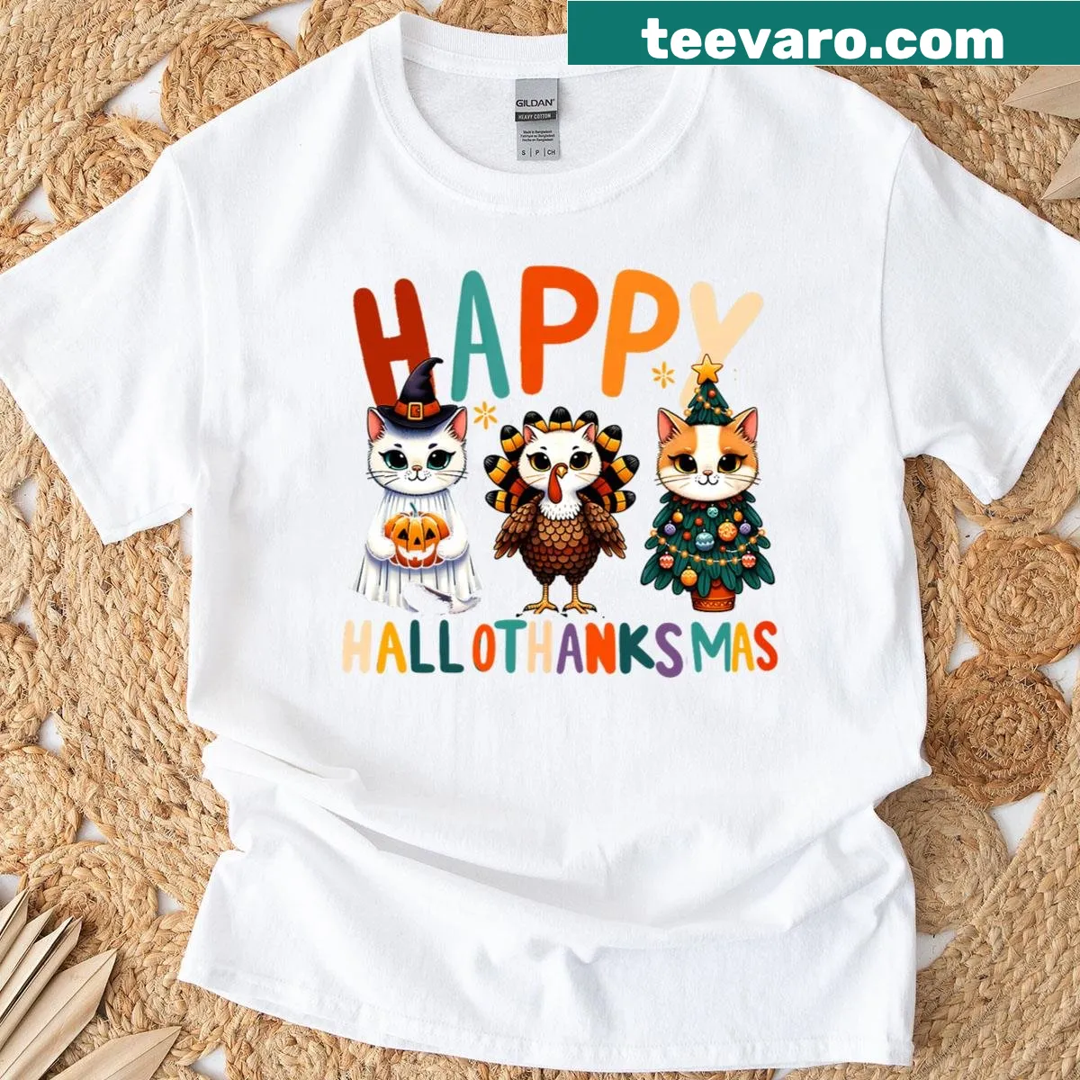 Cute holiday-themed t-shirt with cats for Halloween, Thanksgiving, and Christmas — on a men's t-shirt