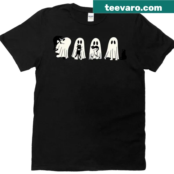 Cartoon black cat with ghost illustration on Halloween t-shirt