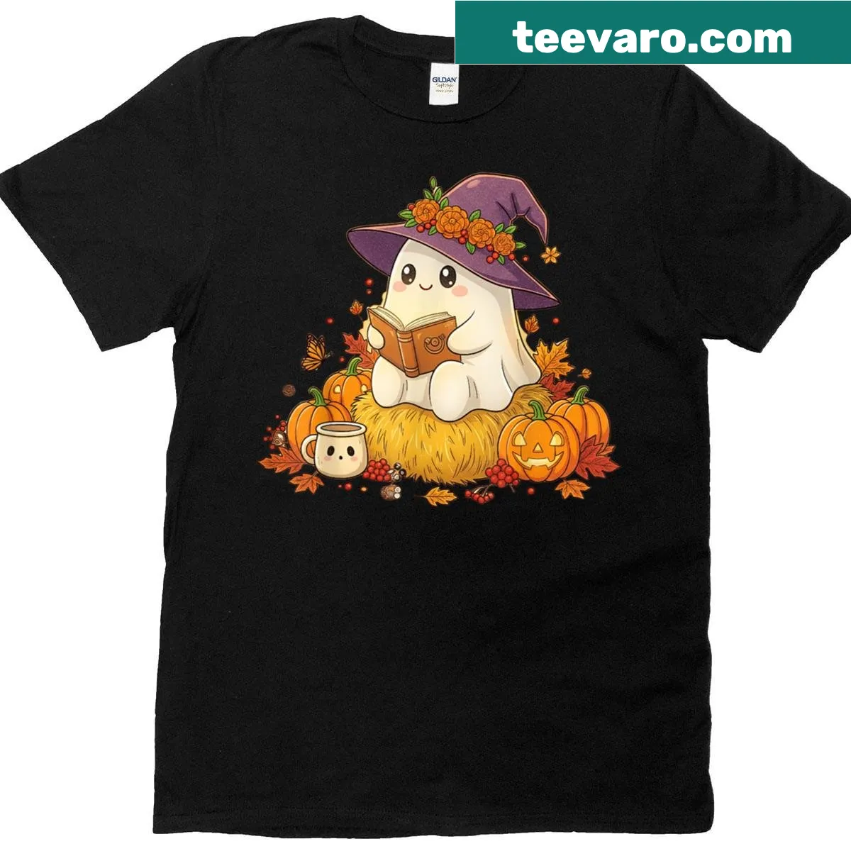 Illustrated Halloween shirt with a ghost reading among pumpkins and leaves — on a men's t-shirt