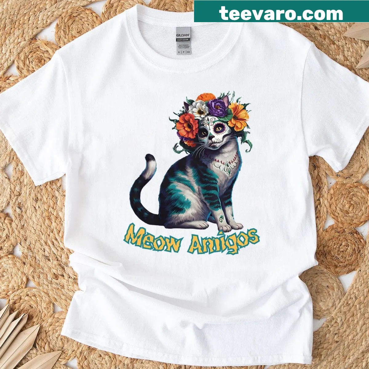 Halloween-themed sugar skull cat T-shirt with flowers — on a men's t-shirt