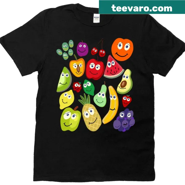 Cartoon fruits with faces design on a t-shirt