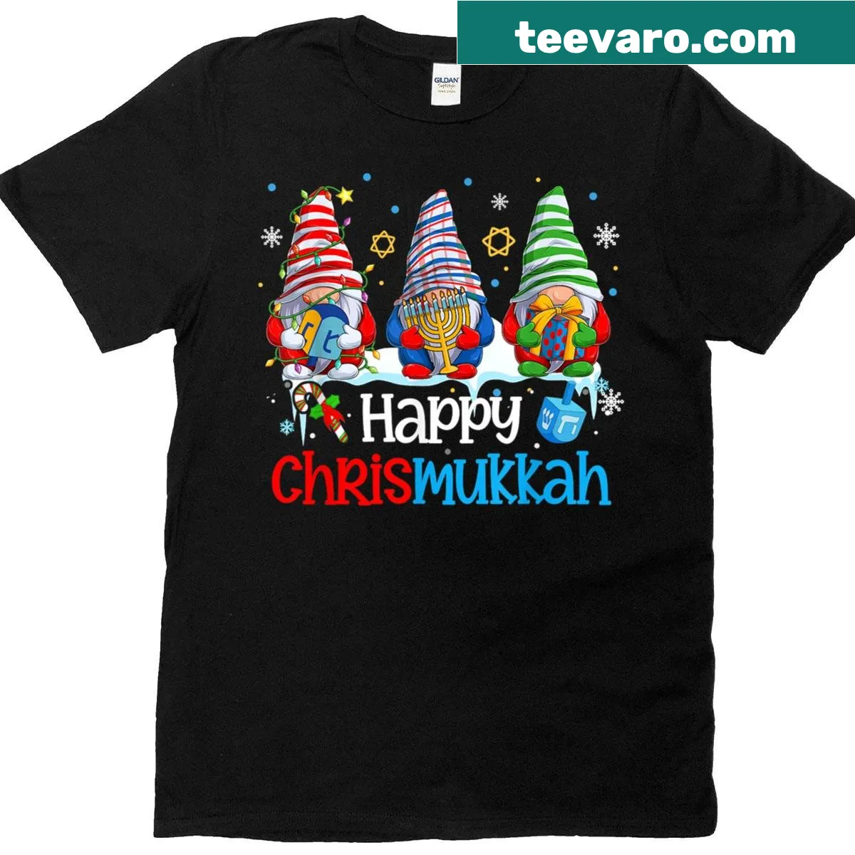 Whimsical gnome design for Hanukkah and Christmas — on a men's t-shirt
