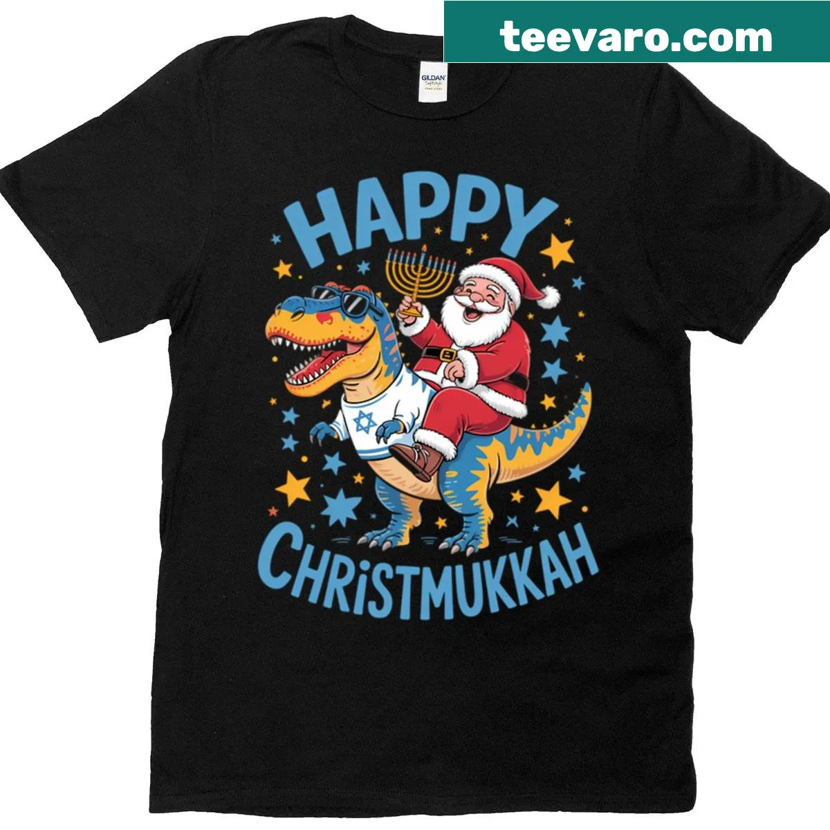 Happy Xmas Santa T-Rex Chanukah T-shirt with fun illustration — on a men's t-shirt