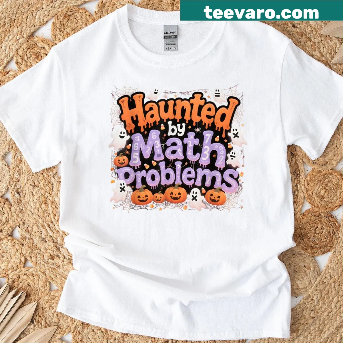 Funny Halloween t-shirt featuring math problems and spooky elements — on a men's t-shirt