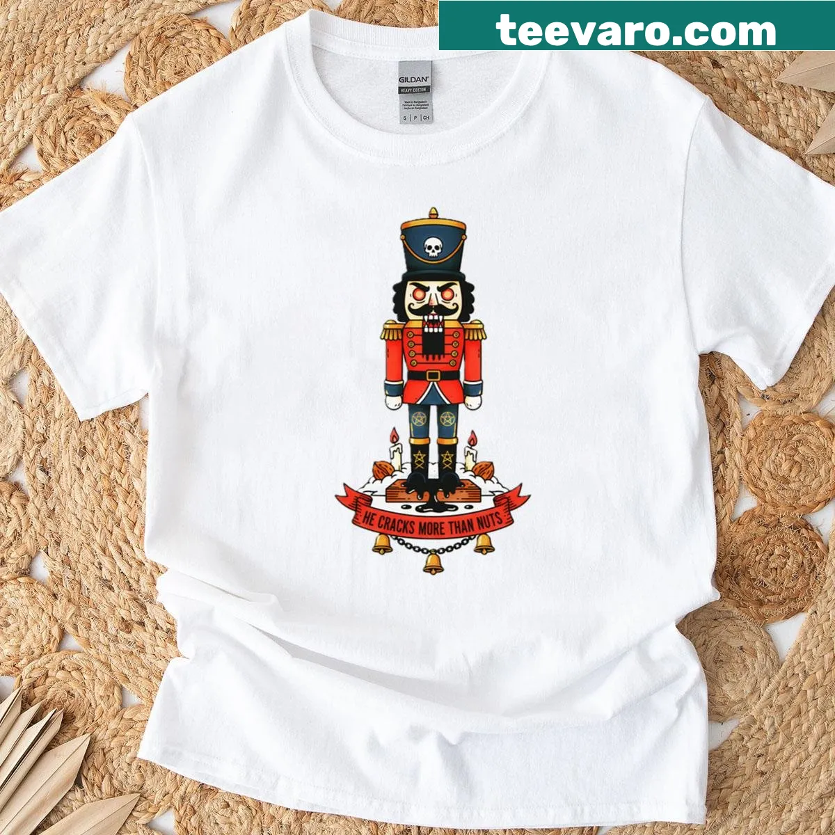 Funny Christmas nutcracker graphic t-shirt — on a men's t-shirt