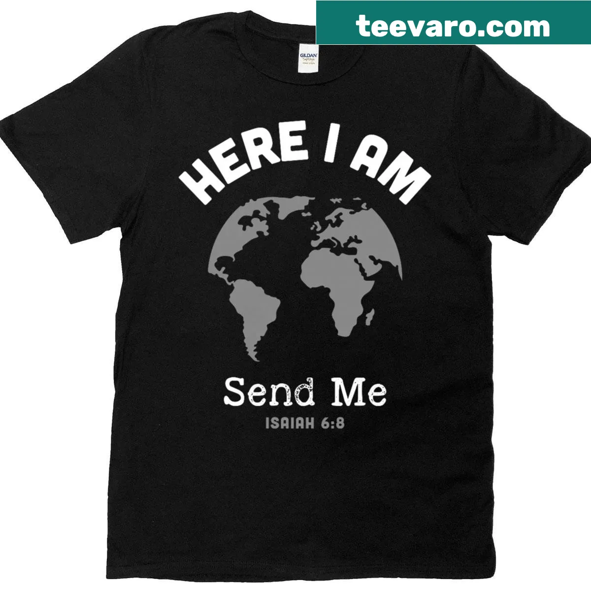 Inspirational t-shirt with the phrase 'Here I Am, Send Me' from Isaiah 6:8 — on a men's t-shirt