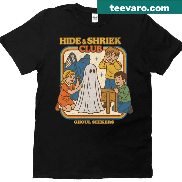 Cartoon ghouls and Hide And Shriek Club text for a humorous Halloween tee