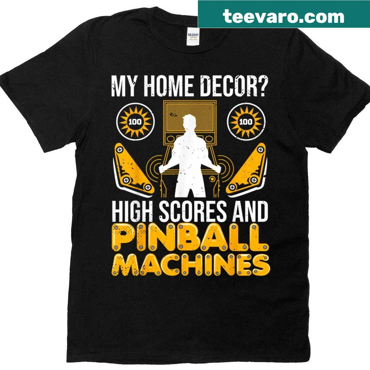 Pinball player t-shirt with high scores typography — on a men's t-shirt