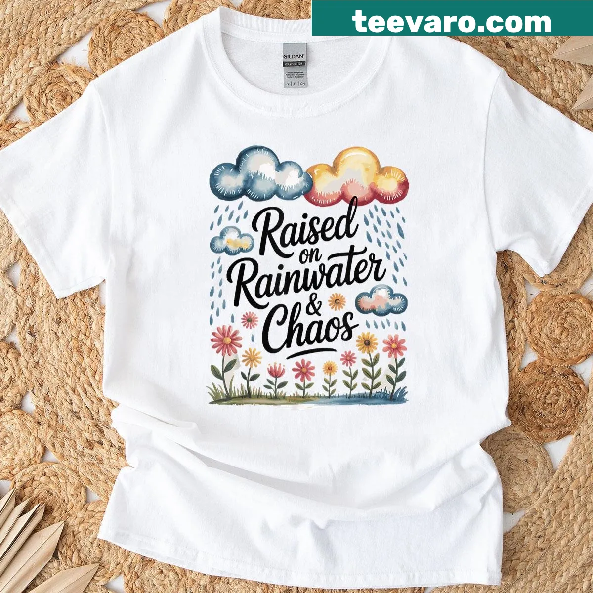 T-shirt featuring 'Raised On Rainwater And Chaos' quote — on a men's t-shirt