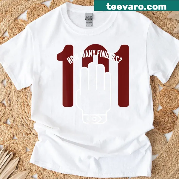 Dystopia-themed t-shirt with the phrase 'How Many Fingers?' in bold typography