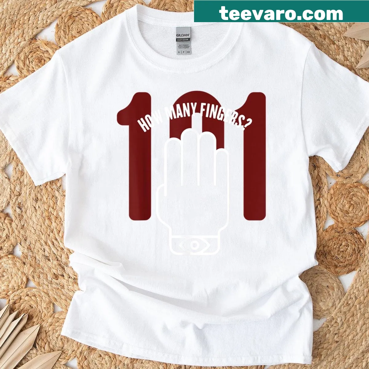 Dystopia-themed t-shirt with the phrase 'How Many Fingers?' in bold typography — on a men's t-shirt