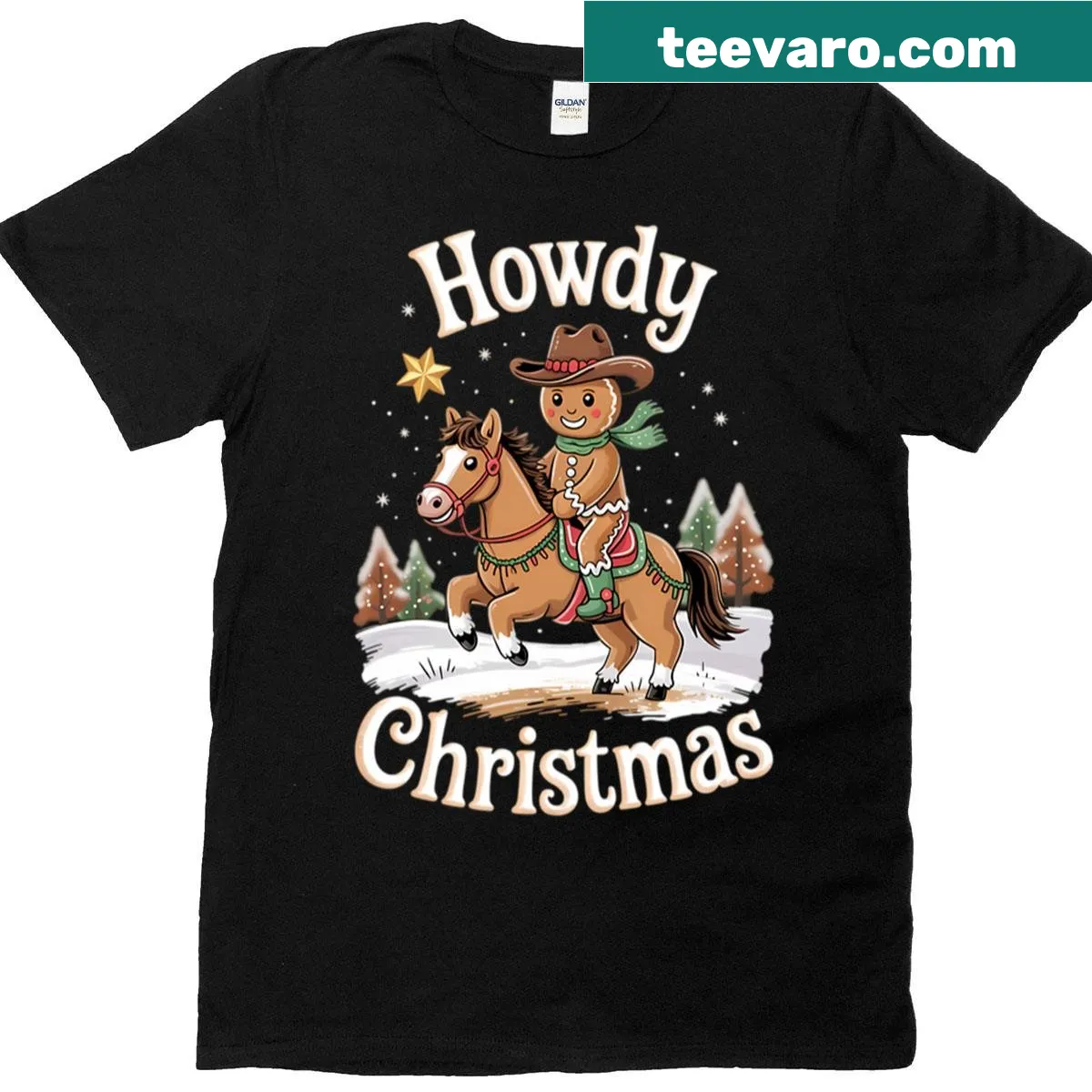Christmas T-shirt with gingerbread cowboy riding a horse illustration. — on a men's t-shirt