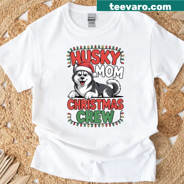 Funny Husky Mom Christmas Crew t-shirt with holiday lights design