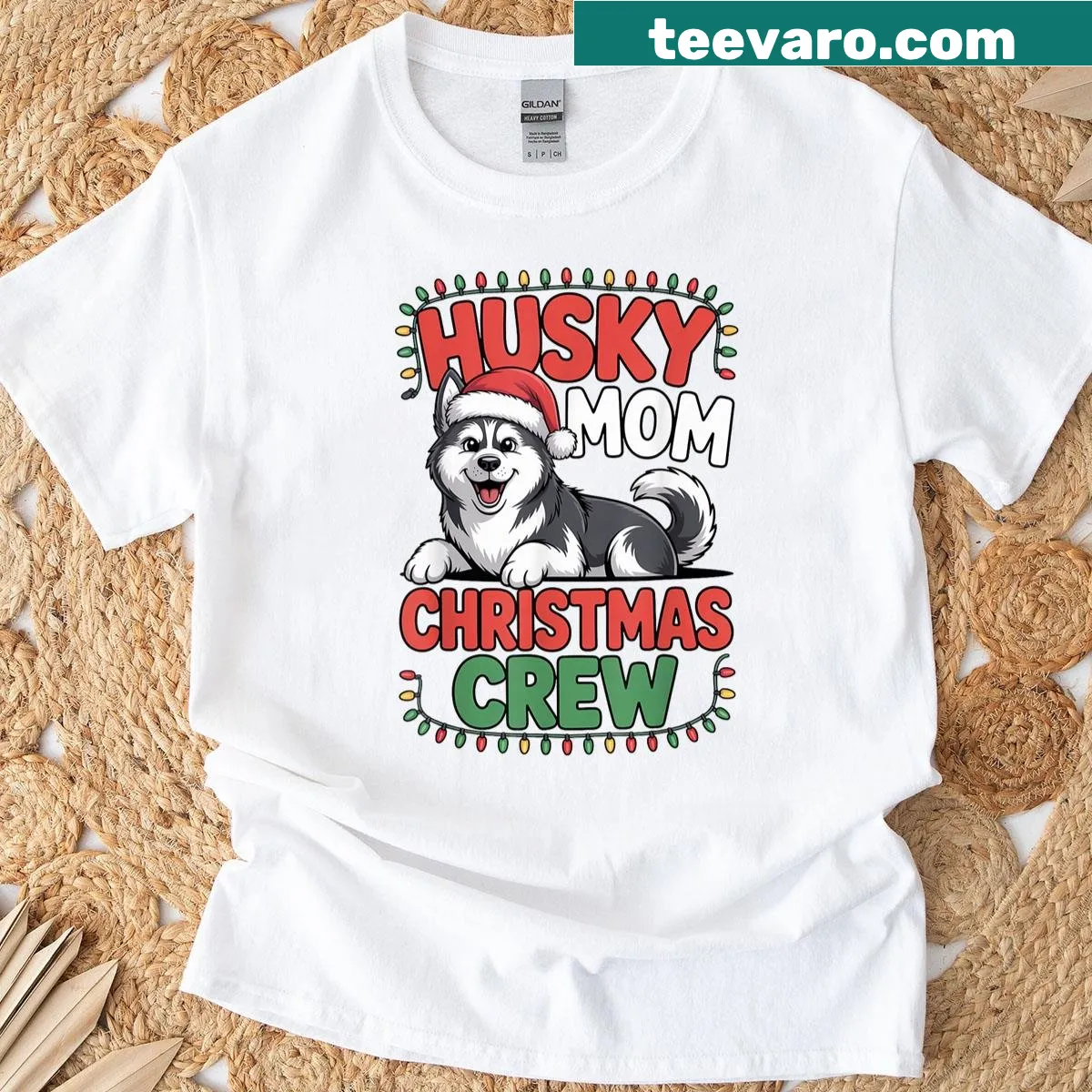 Funny Husky Mom Christmas Crew t-shirt with holiday lights design — on a men's t-shirt
