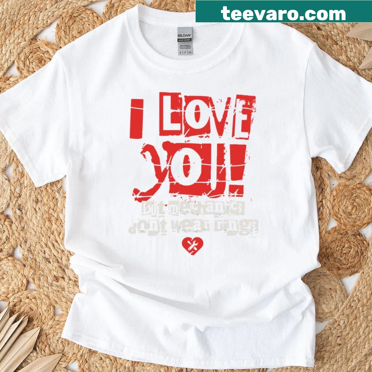 Sarcastic t-shirt with the phrase 'I Love You But Mechanics Don’t Wear Rings' — on a men's t-shirt