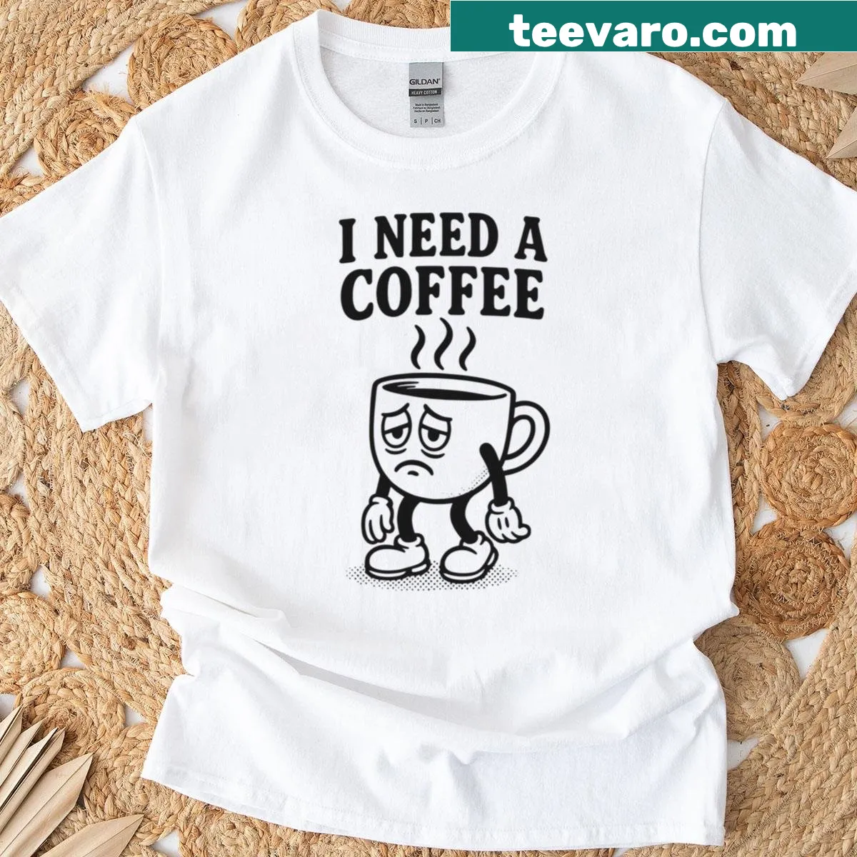 T-shirt featuring a funny caffeine quote about needing coffee in the morning. — on a men's t-shirt