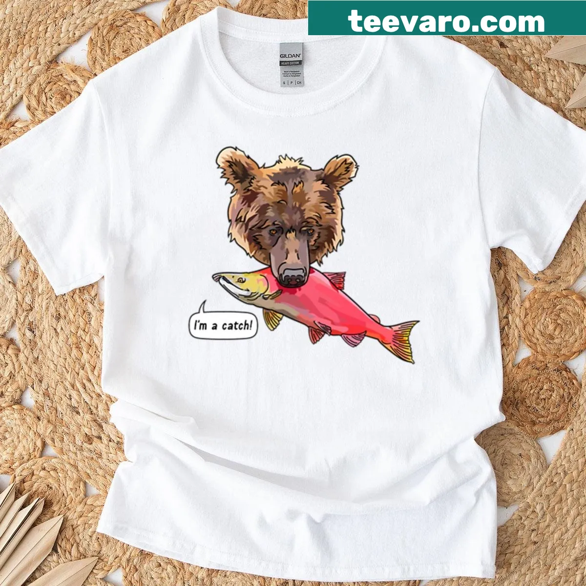 Humorous fishing-themed T-shirt featuring salmon and bear imagery — on a men's t-shirt
