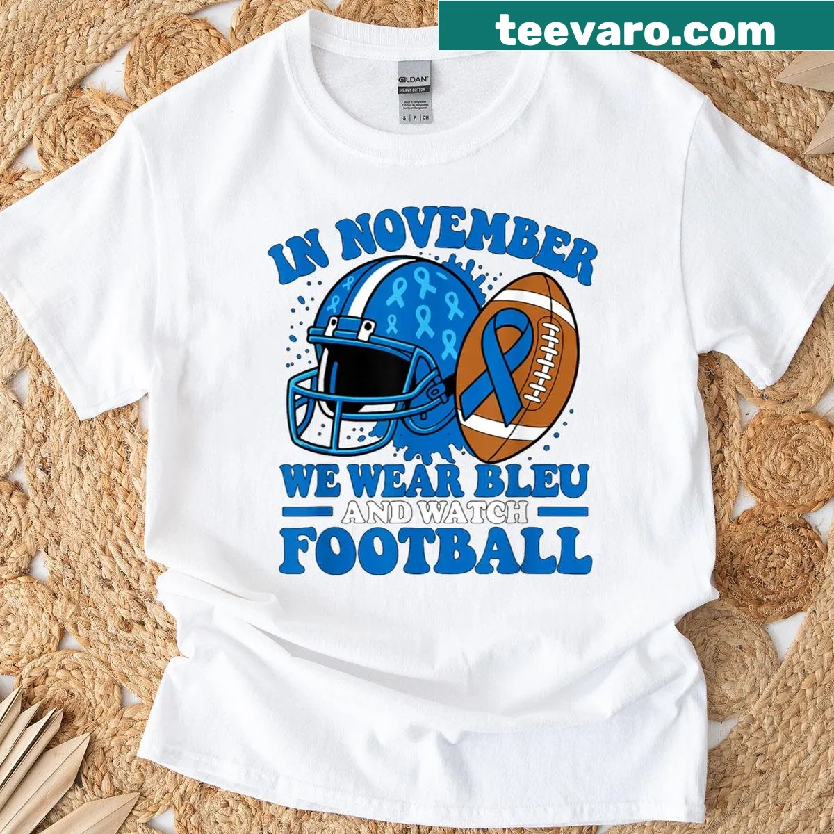 Football-themed T-shirt promoting diabetes awareness with a blue ribbon — on a men's t-shirt
