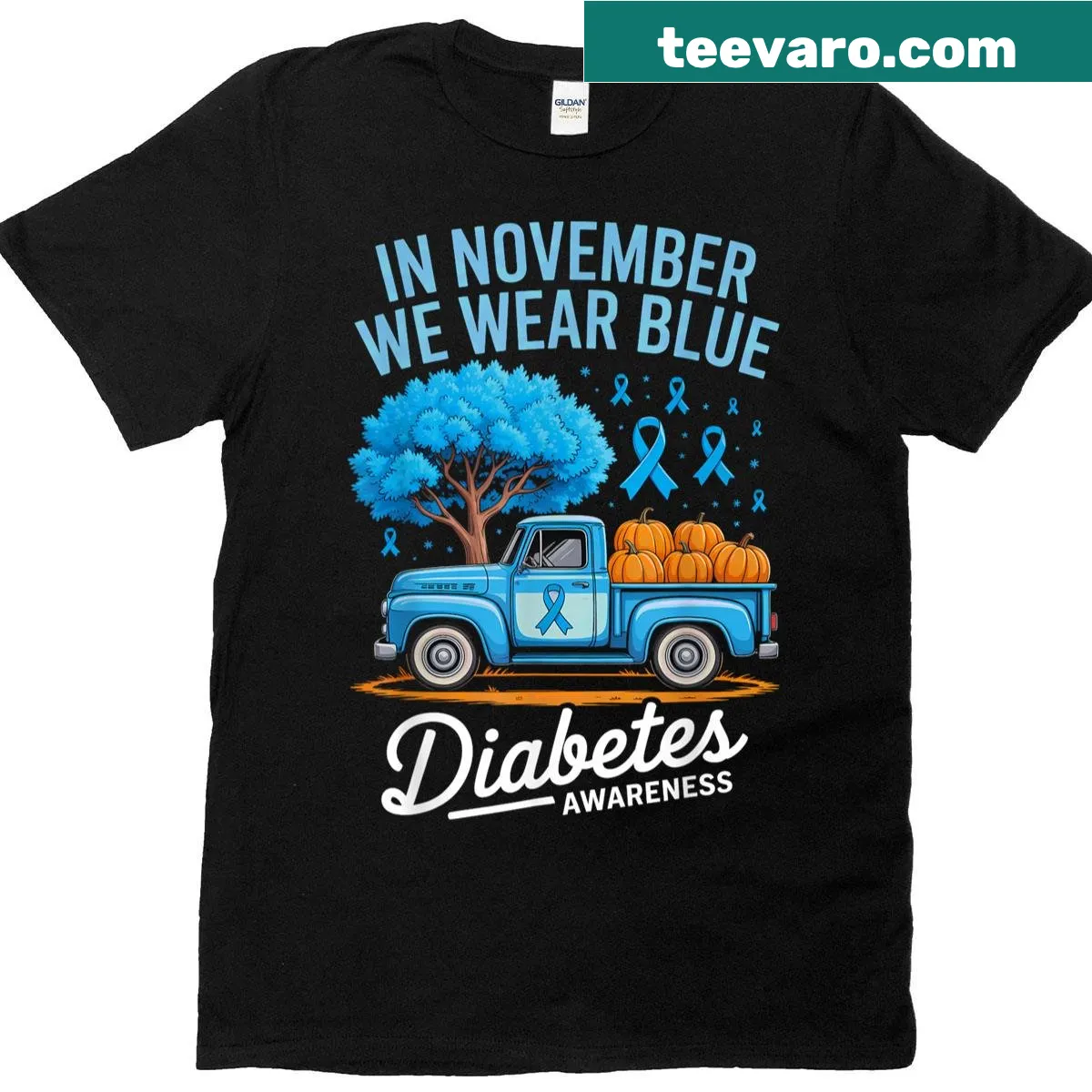 T-shirt with blue ribbon graphic for diabetes awareness in November — on a men's t-shirt